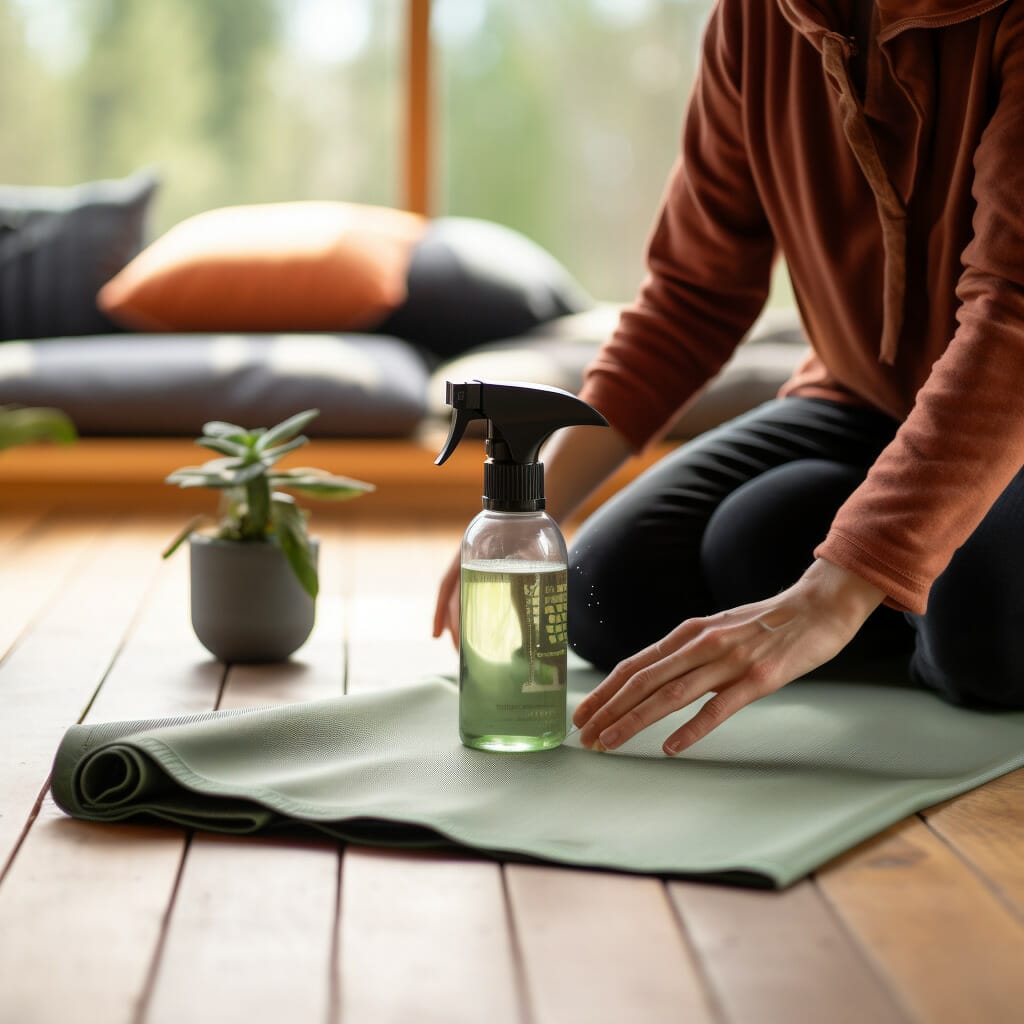 A person cleaning their travel yoga mat with a DIY cleaning spray